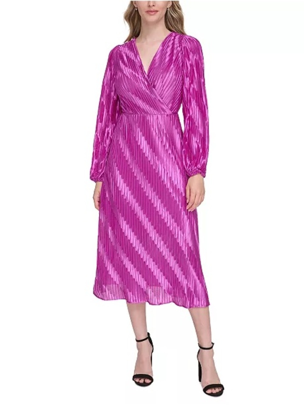 NWT Kensie Magenta Pleated Long Sleeve V-neck Strappy Back Dress Size 8